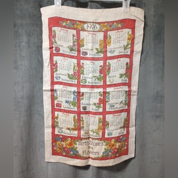 Other - Vintage 1976 Birthstones and Flowers Linen Wall Hanging Tea Towel